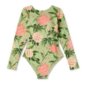 Long Sleeve Peony Floral Green and Pink One Piece Plunge back Swimsuit.